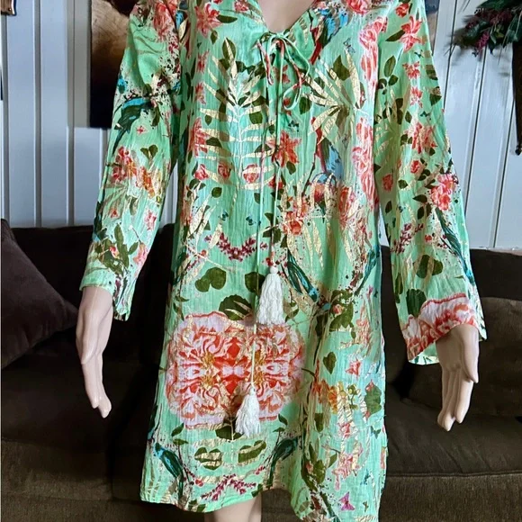 Caribbean Joe ~ Large ~ Green W/ Gold & Red Floral Tunic Swim Coverup Dress - Picture 8 of 15